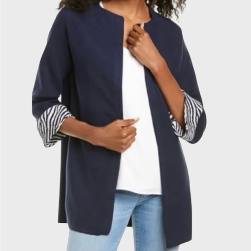 J. McLaughlin Corver Knit Cardigan Navy 3/4 Sleeve Blue Zebra Cuffs